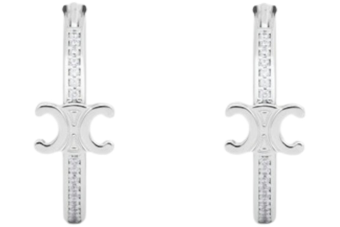 Celine Strass and Brass with Rhodium Finish Triomphe Sparkle Hoops Silver