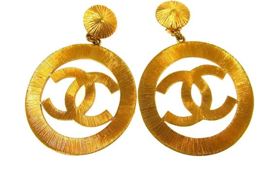 Chanel CC Hoop Clip On Earrings Textured Large Gold