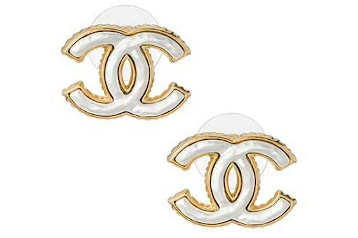 Chanel CC Logo Earrings Gold/White (ABB004)