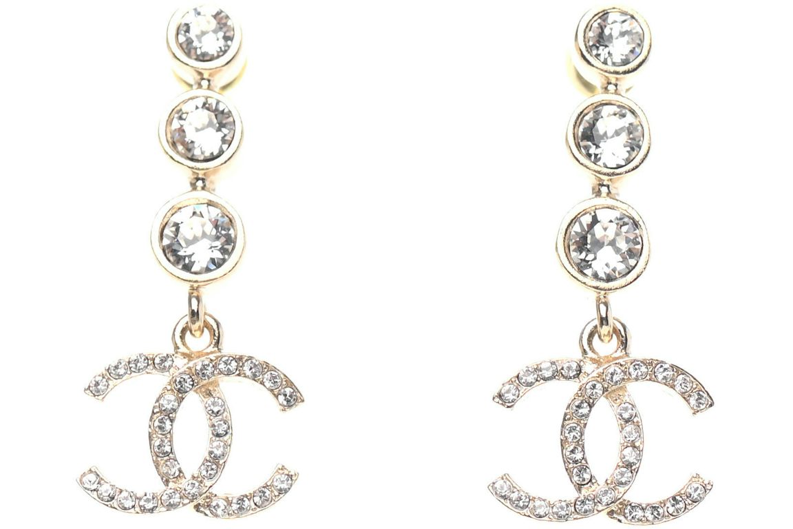 Chanel Crystal CC Drop Earrings Gold