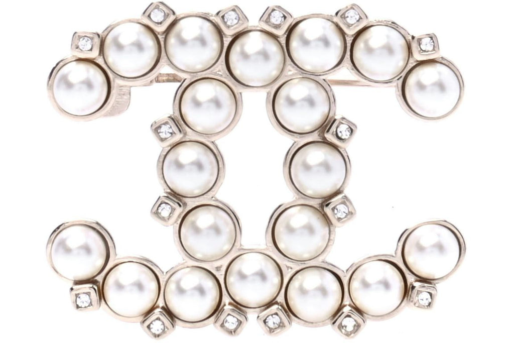 Chanel Crystal Pearl CC Brooch 1.0" Gold