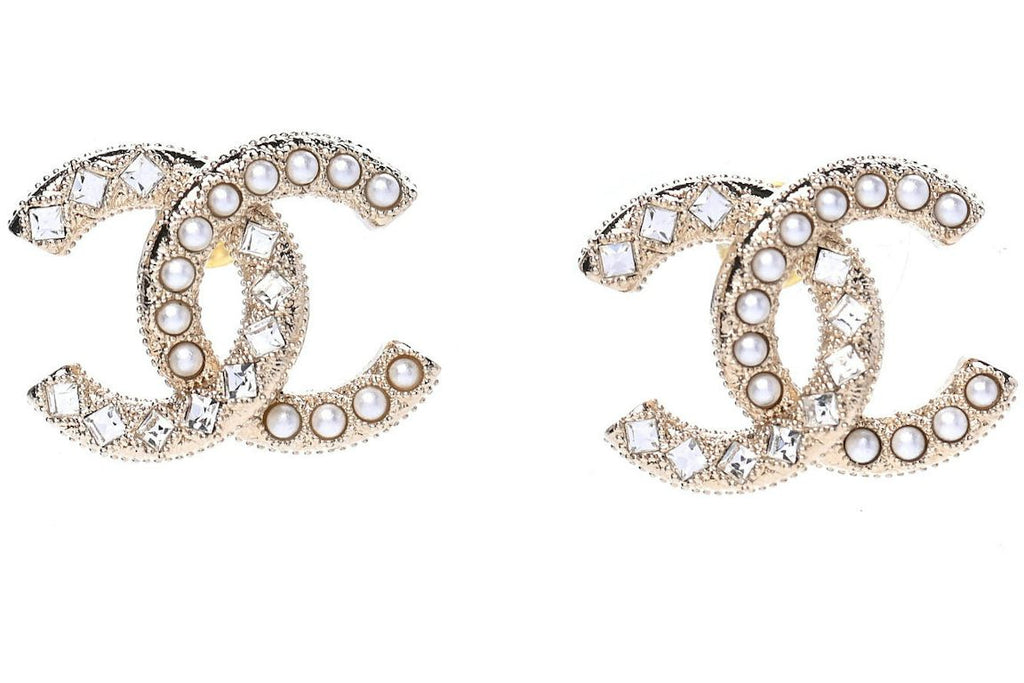 Chanel Crystal Pearl CC Earrings 0.5" Gold