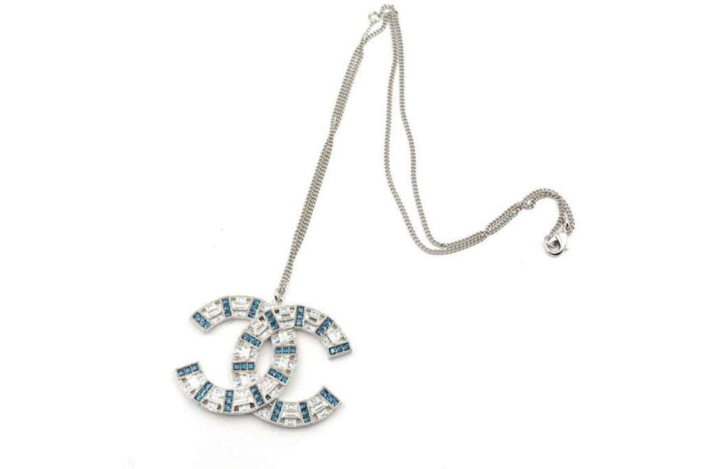 Chanel Crystal Pendant Necklace Large Light Blue/Silver