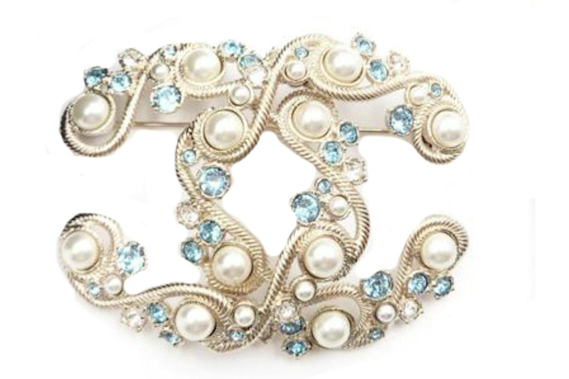Chanel Filigree Brooch Crystal Pearl Large Gold/Blue