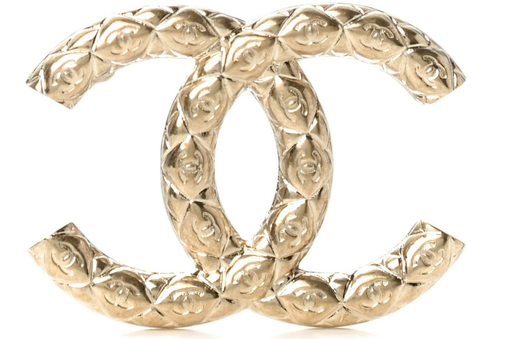Chanel Metal CC Quilted Brooch Light Gold