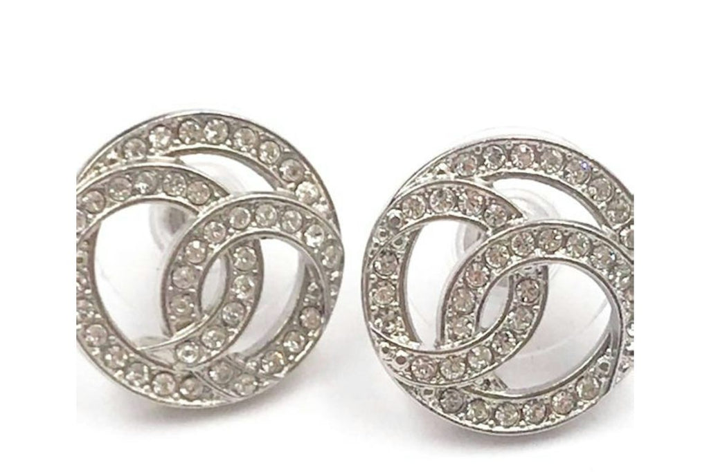 Chanel Round CC Crystal Earrings Silver