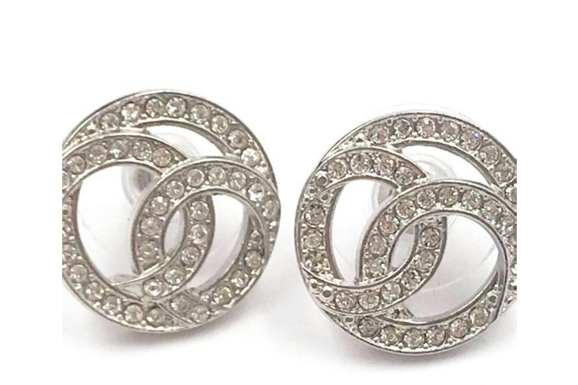 Chanel Round CC Crystal Earrings Silver