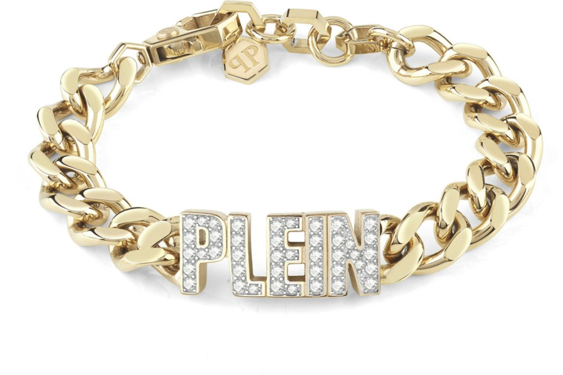 Philipp Plein Lettering Crystal Cuban Links Bracelet Gold