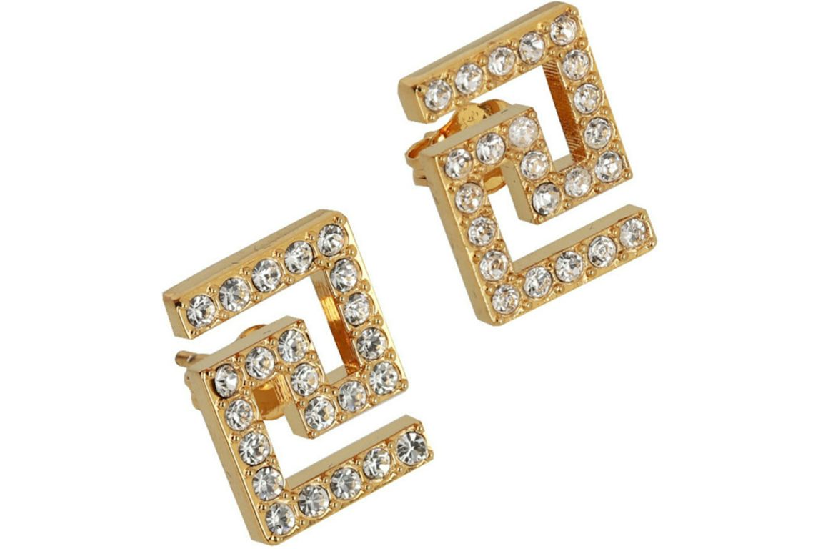 Versace Crystal-Embellished Greca Stud Earrings Gold